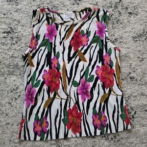 Vintage 90s Tropical Crinkle Sleevless Blouse Womens L TESS Brand Boho Preppy